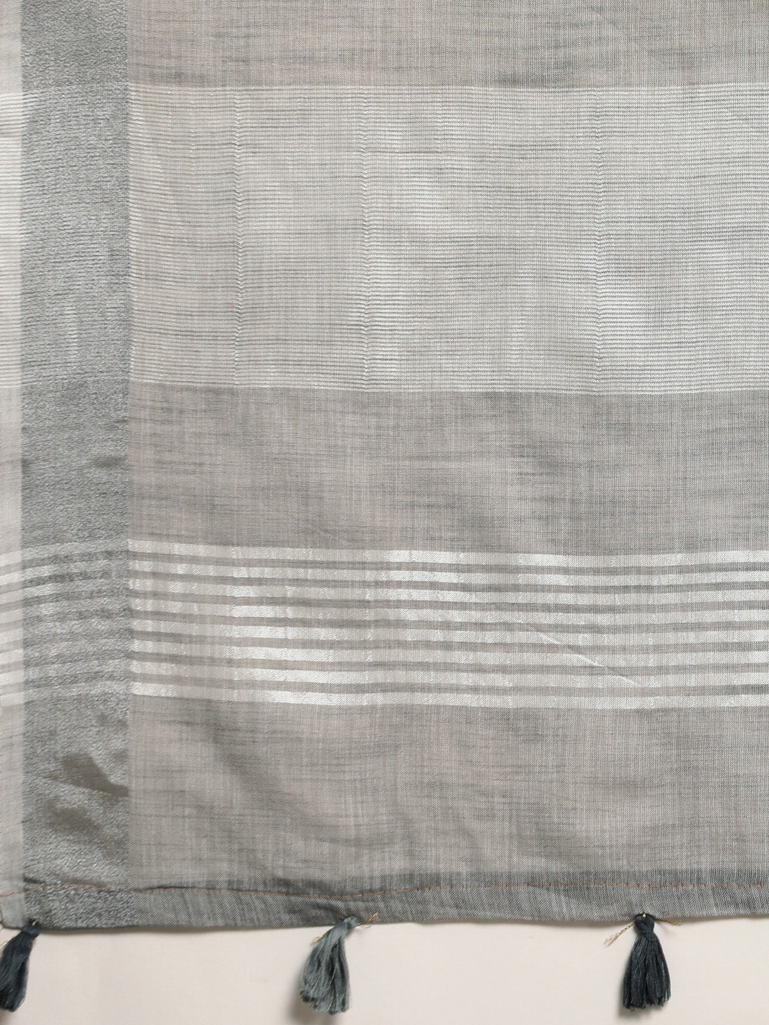 Shree Shyam Fashion Elegant Grey Woven Linen Saree with Contrast Zari Border & Tassels - Soft & Breathable Party Wear