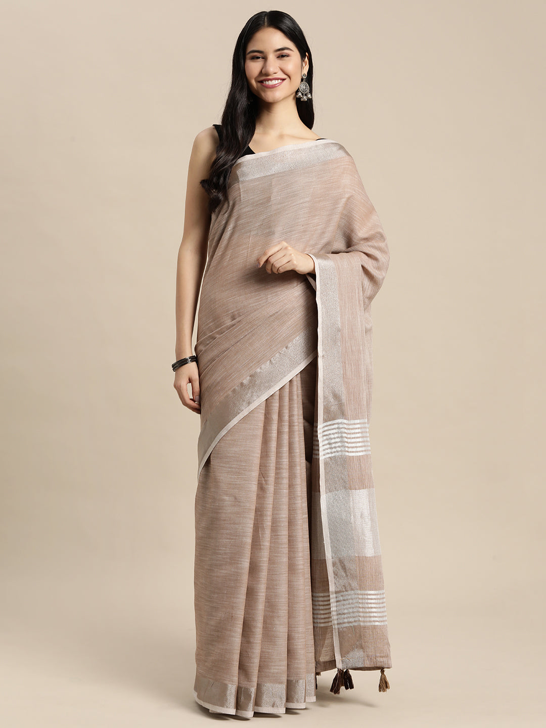 Shree Shyam Fashion Elegant Brown Woven Linen Saree with Contrast Zari Border & Tassels - Soft & Breathable Party Wear
