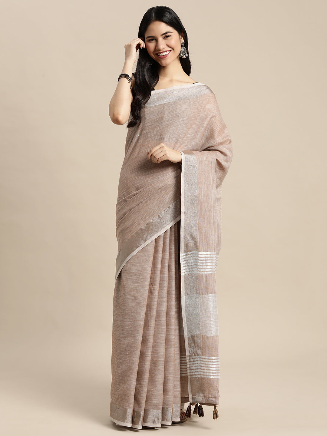 Shree Shyam Fashion Elegant Brown Woven Linen Saree with Contrast Zari Border & Tassels - Soft & Breathable Party Wear