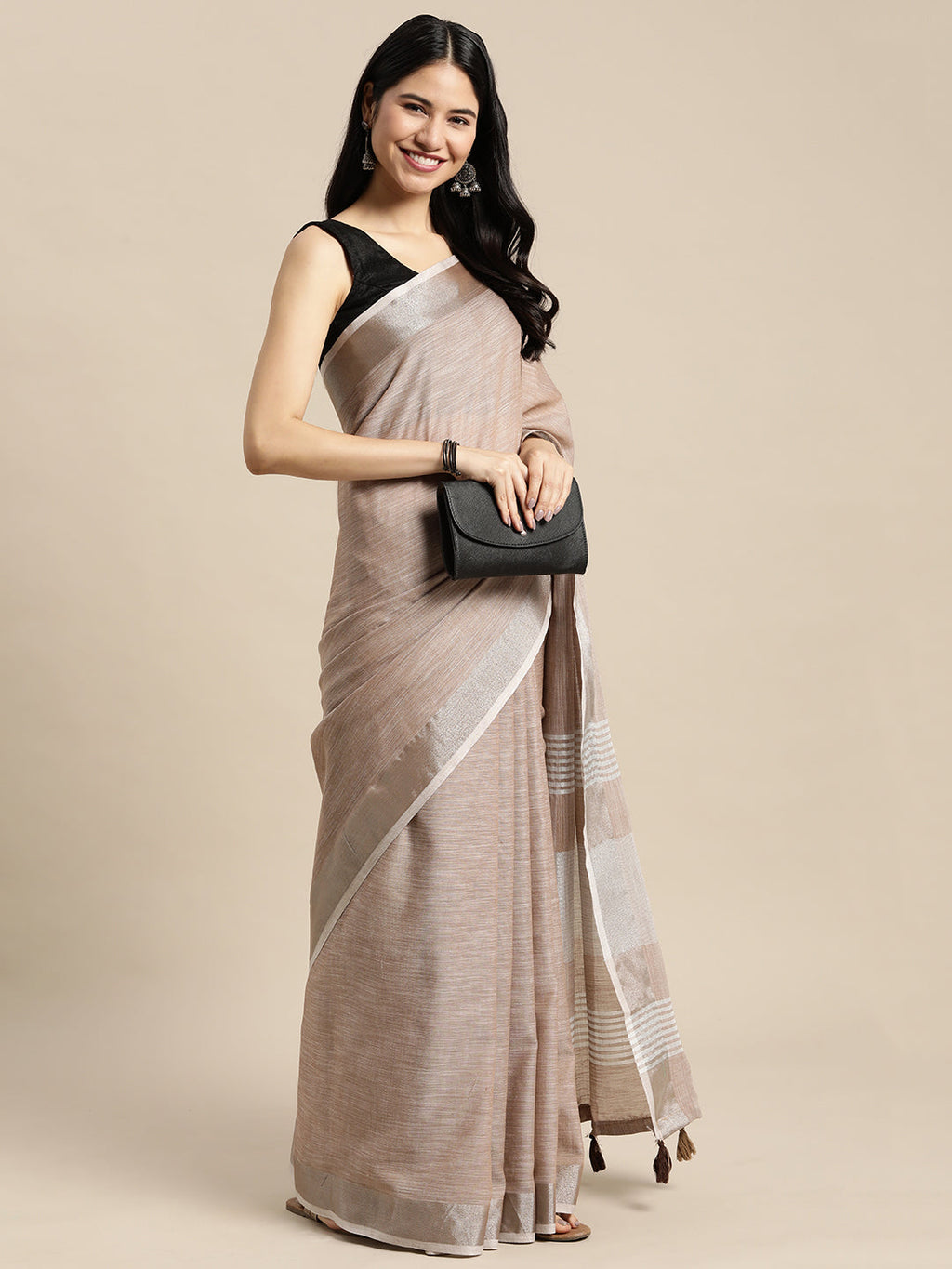 Shree Shyam Fashion Elegant Brown Woven Linen Saree with Contrast Zari Border & Tassels - Soft & Breathable Party Wear