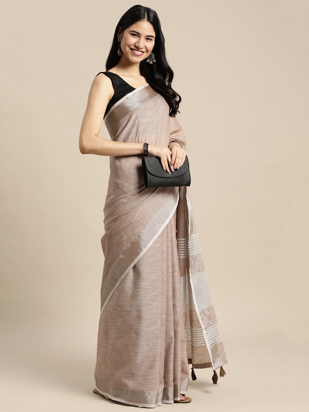 Shree Shyam Fashion Elegant Brown Woven Linen Saree with Contrast Zari Border & Tassels - Soft & Breathable Party Wear