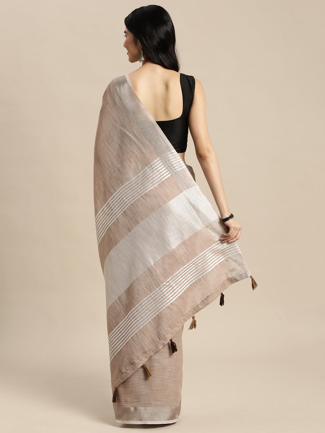 Shree Shyam Fashion Elegant Brown Woven Linen Saree with Contrast Zari Border & Tassels - Soft & Breathable Party Wear