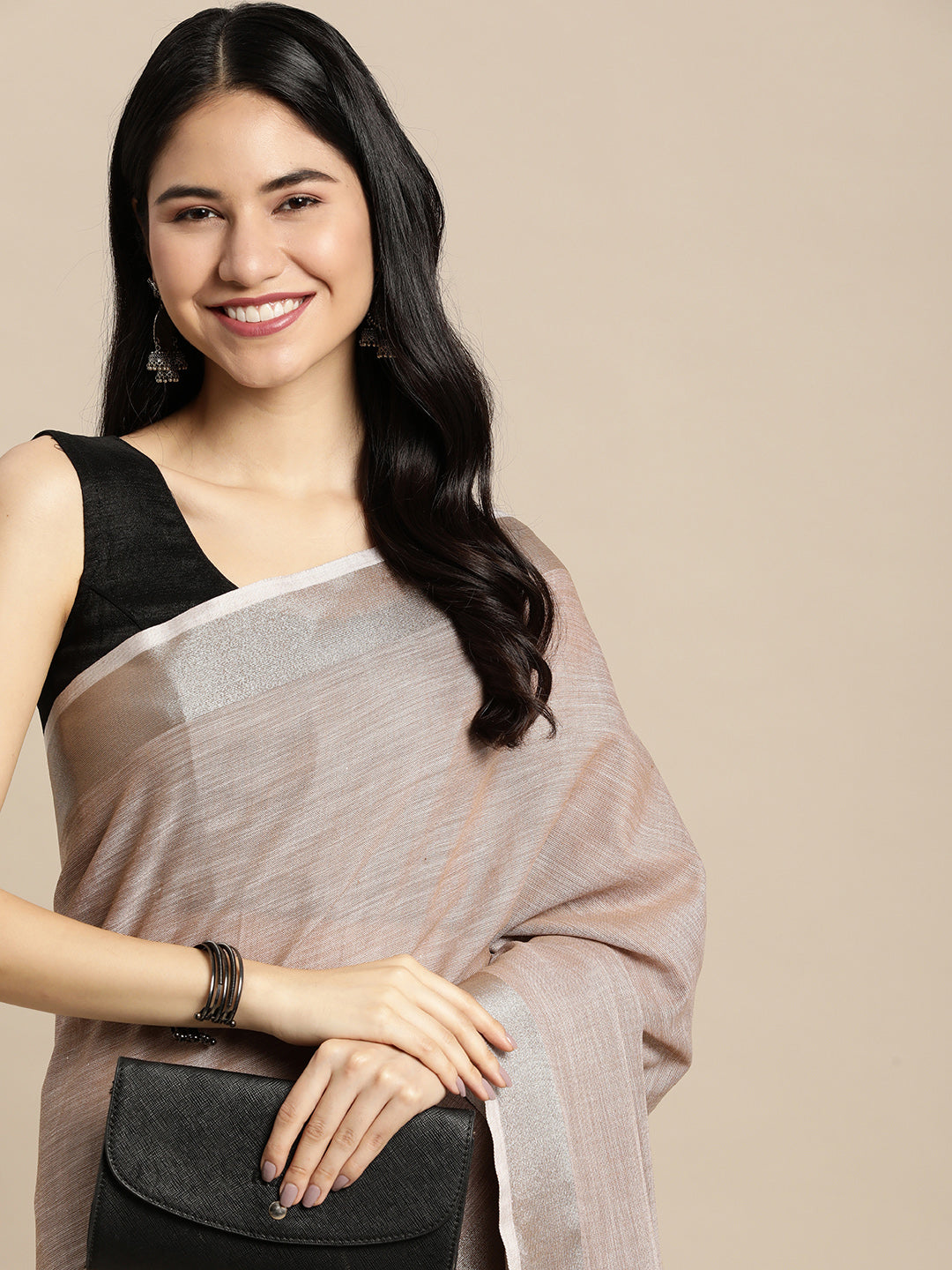 Shree Shyam Fashion Elegant Brown Woven Linen Saree with Contrast Zari Border & Tassels - Soft & Breathable Party Wear