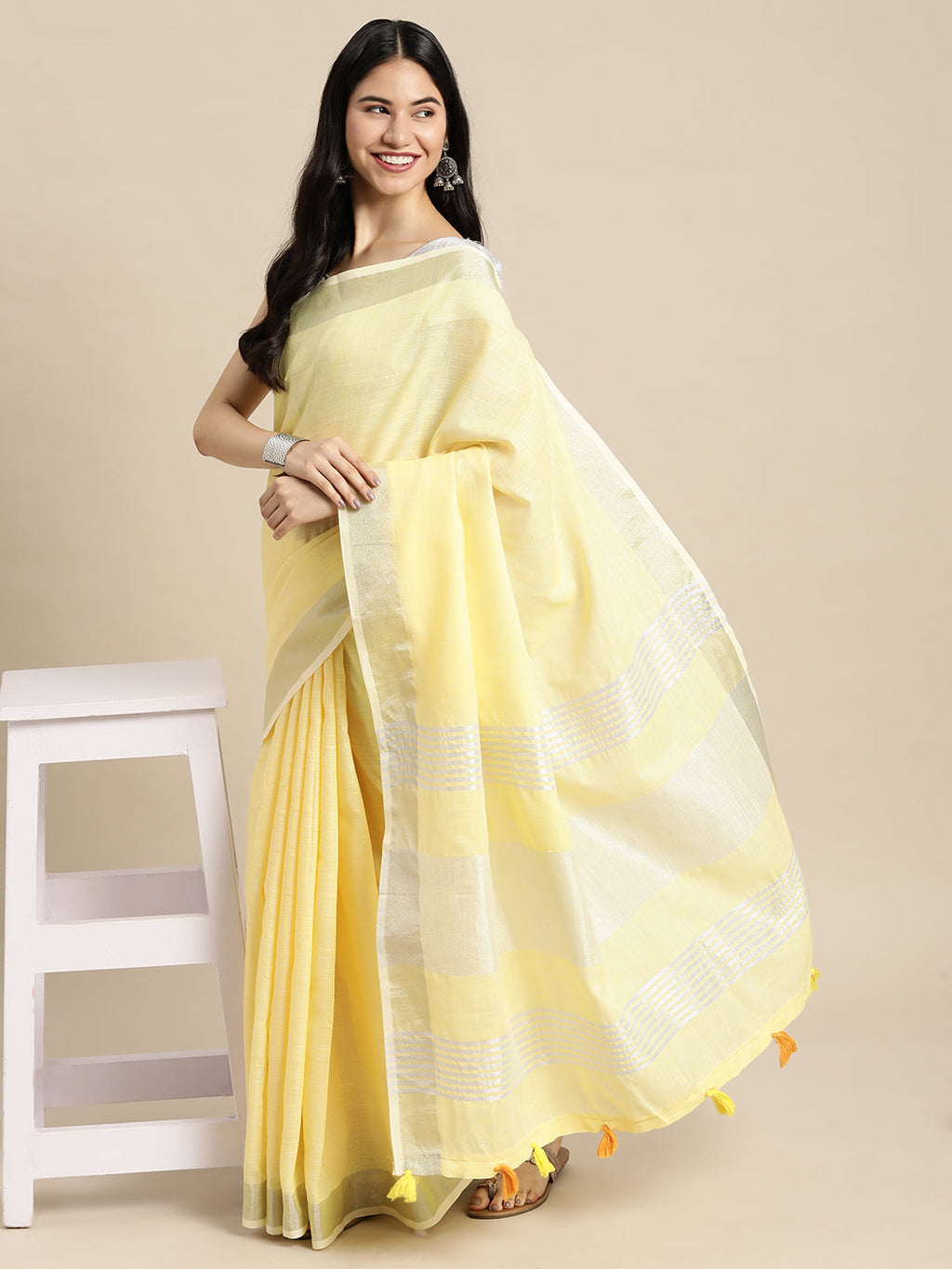 Shree Shyam Fashion Elegant Yellow Woven Linen Saree with Contrast Zari Border & Tassels - Soft & Breathable Party Wear