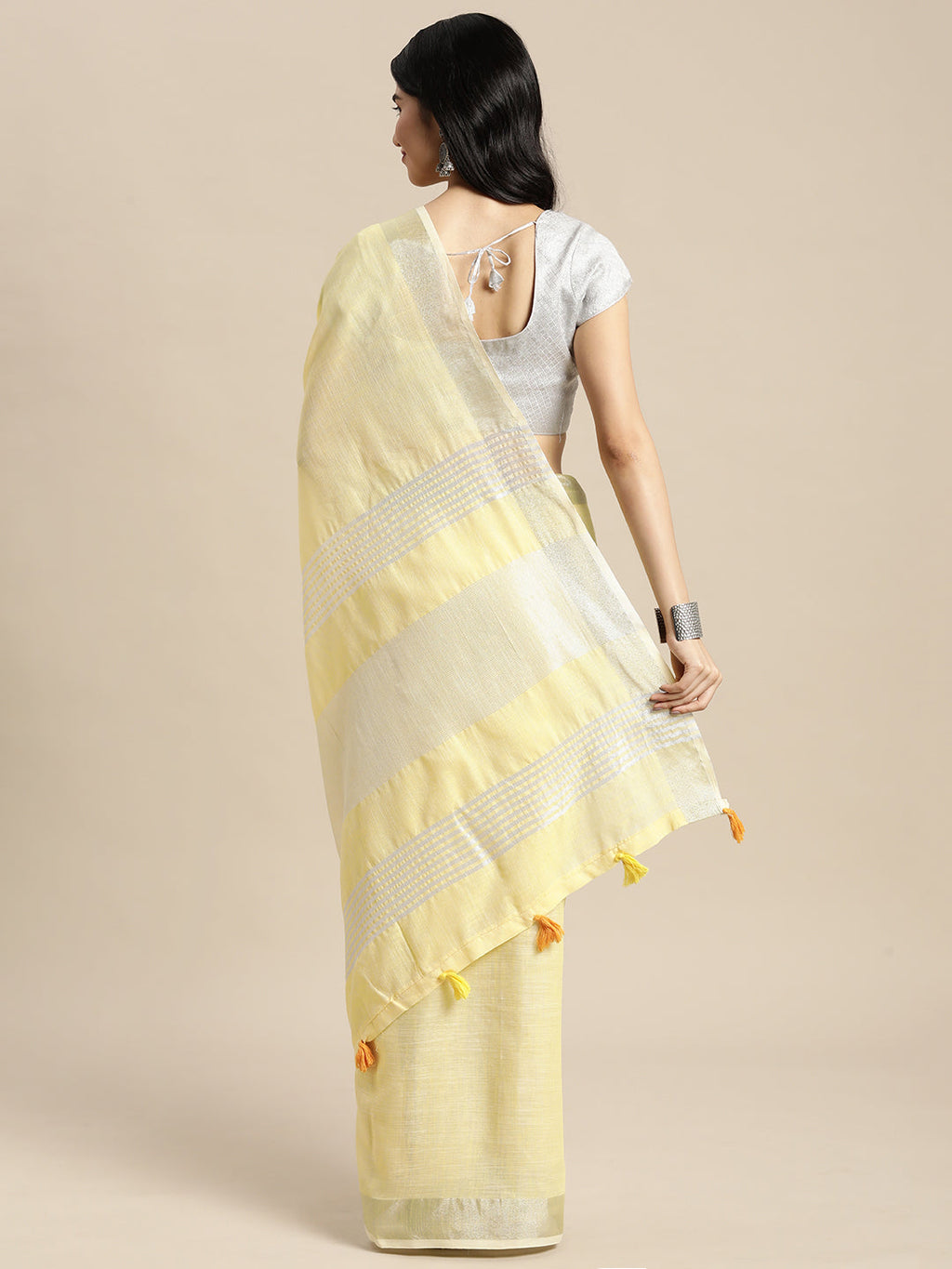 Shree Shyam Fashion Elegant Yellow Woven Linen Saree with Contrast Zari Border & Tassels - Soft & Breathable Party Wear