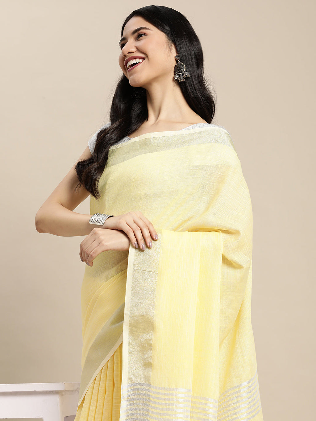 Shree Shyam Fashion Elegant Yellow Woven Linen Saree with Contrast Zari Border & Tassels - Soft & Breathable Party Wear