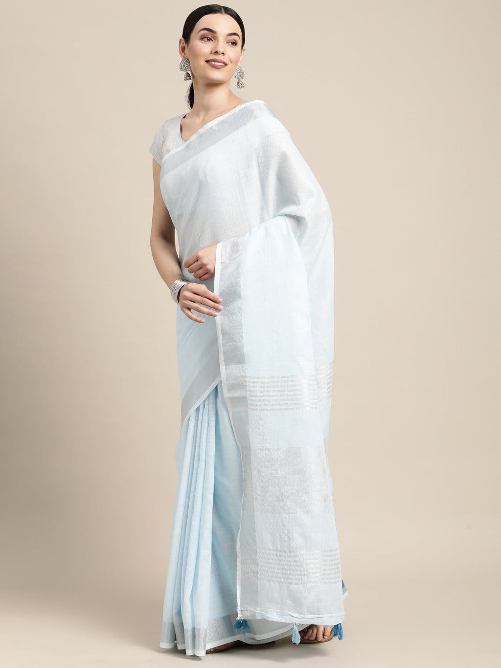 Shree Shyam Fashion Elegant Sky Blue Woven Linen Saree with Contrast Zari Border & Tassels - Soft & Breathable Party Wear