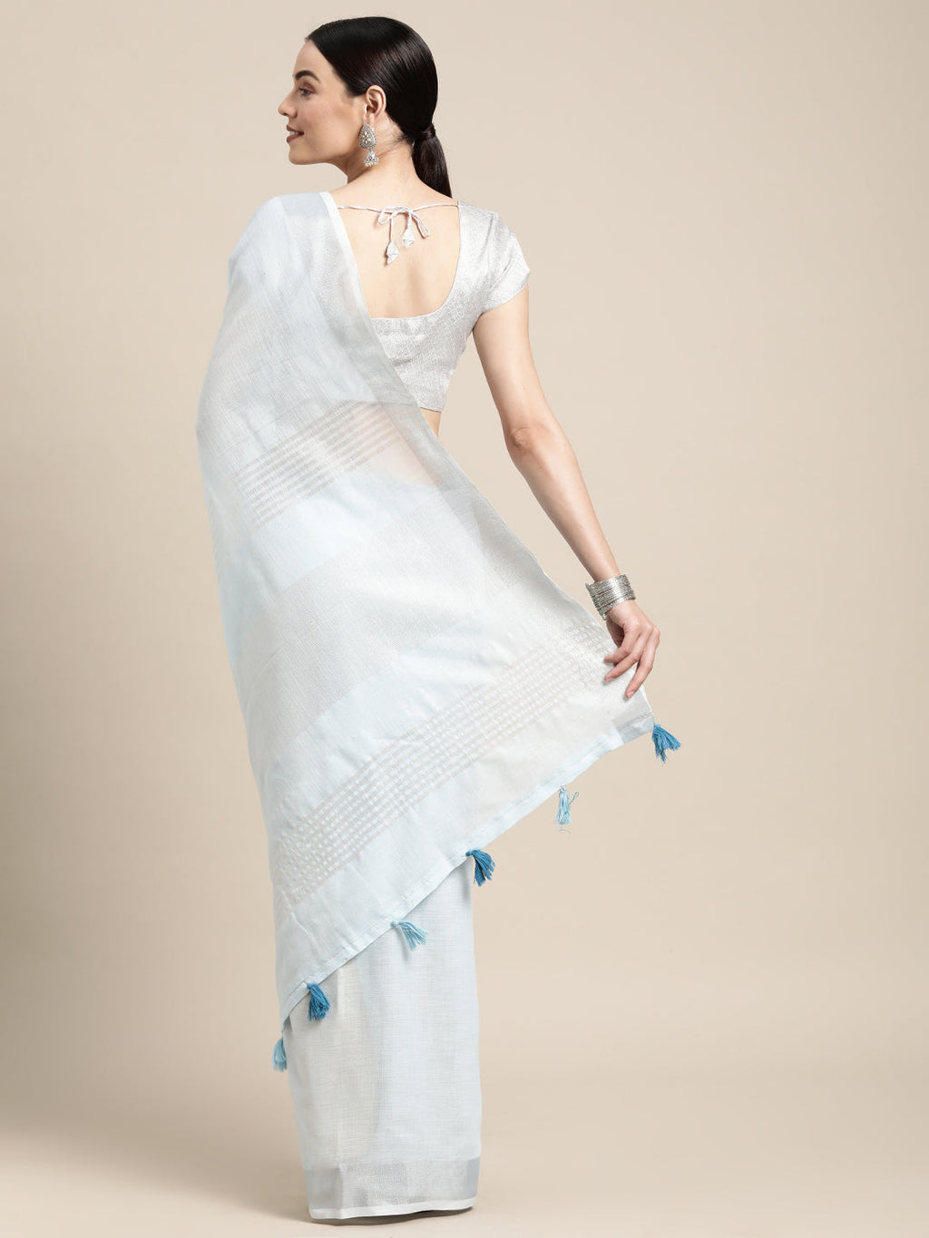 Shree Shyam Fashion Elegant Sky Blue Woven Linen Saree with Contrast Zari Border & Tassels - Soft & Breathable Party Wear
