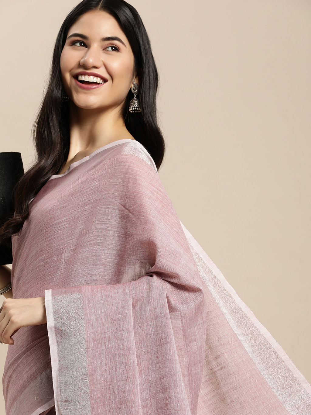 Shree Shyam Fashion Elegant Mauve Woven Linen Saree with Contrast Zari Border & Tassels - Soft & Breathable Party Wear