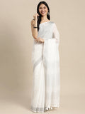Shree Shyam Fashion Elegant White Woven Linen Saree with Contrast Zari Border & Tassels - Soft & Breathable Party Wear