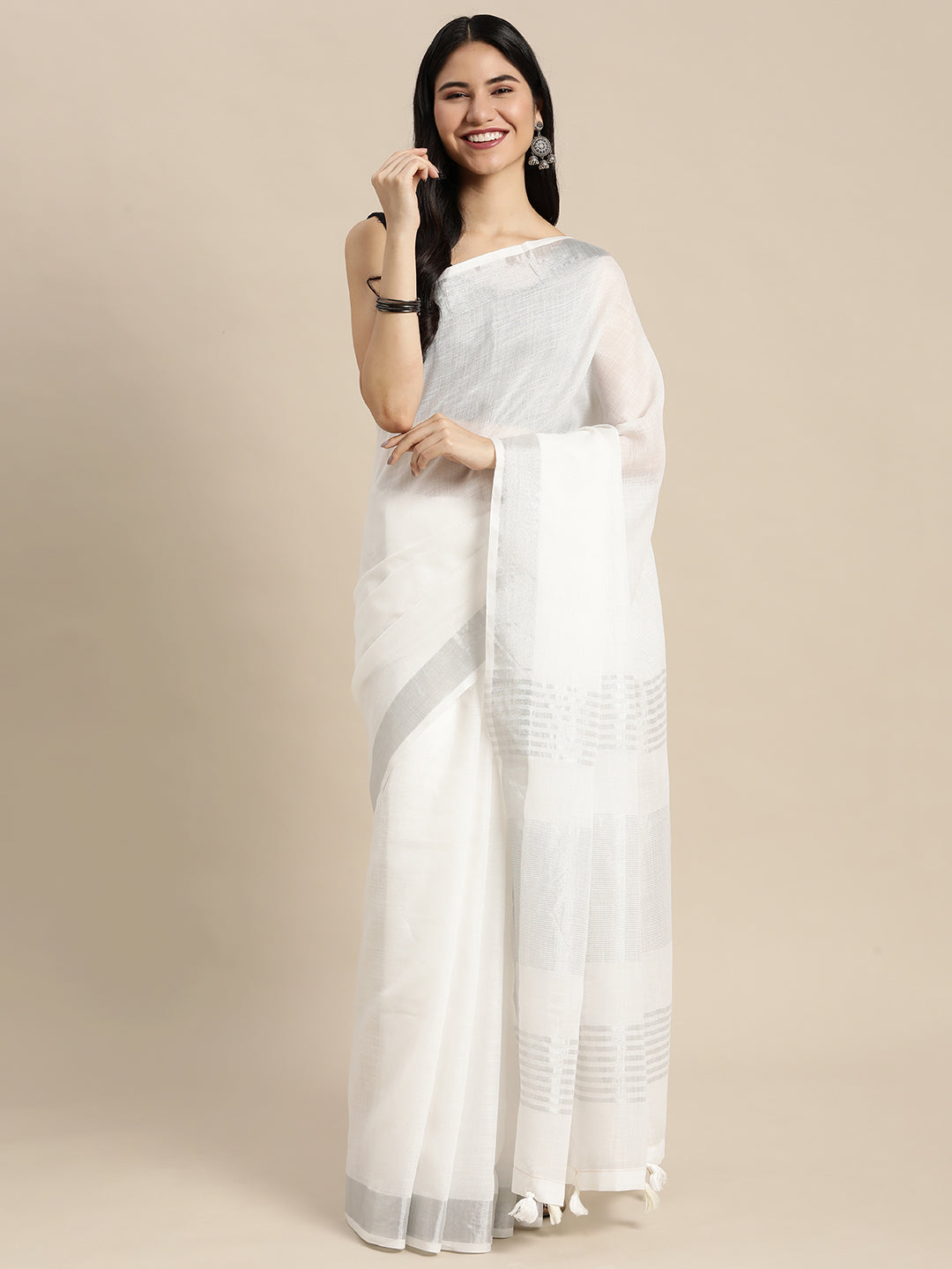 Shree Shyam Fashion Elegant White Woven Linen Saree with Contrast Zari Border & Tassels - Soft & Breathable Party Wear