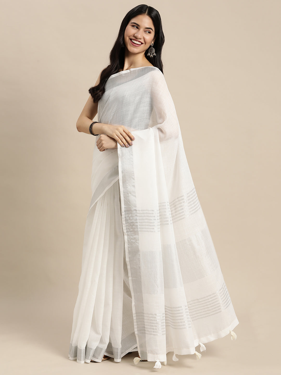 Shree Shyam Fashion Elegant White Woven Linen Saree with Contrast Zari Border & Tassels - Soft & Breathable Party Wear