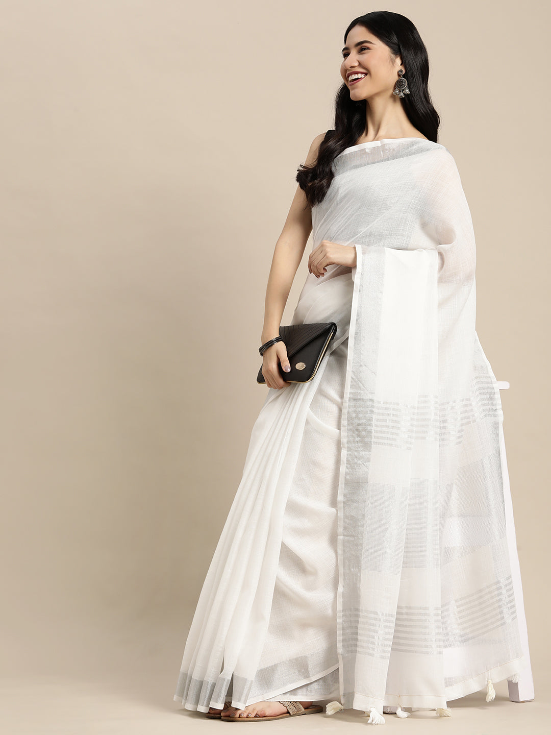 Shree Shyam Fashion Elegant White Woven Linen Saree with Contrast Zari Border & Tassels - Soft & Breathable Party Wear