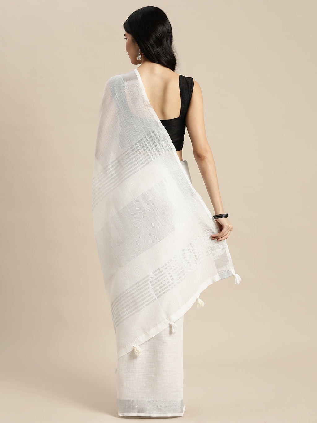 Shree Shyam Fashion Elegant White Woven Linen Saree with Contrast Zari Border & Tassels - Soft & Breathable Party Wear