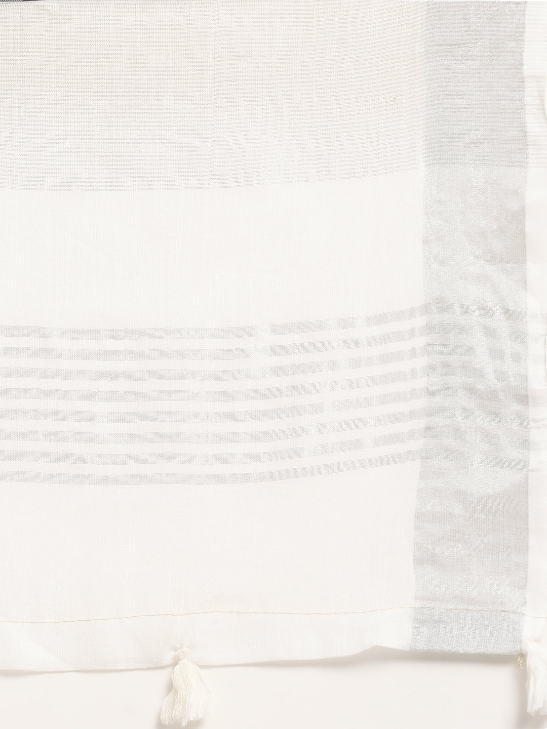 Shree Shyam Fashion Elegant White Woven Linen Saree with Contrast Zari Border & Tassels - Soft & Breathable Party Wear