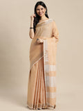 Shree Shyam Fashion Elegant Tan Woven Linen Saree with Contrast Zari Border & Tassels - Soft & Breathable Party Wear
