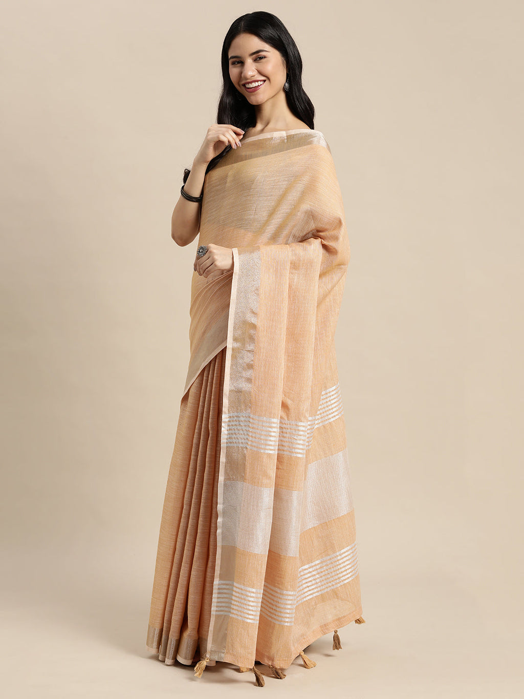 Shree Shyam Fashion Elegant Tan Woven Linen Saree with Contrast Zari Border & Tassels - Soft & Breathable Party Wear