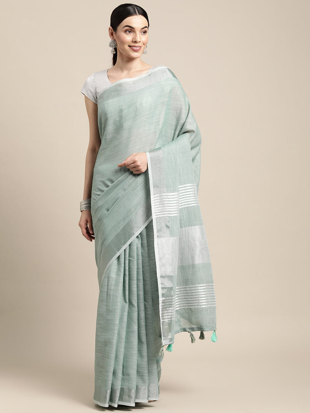 Shree Shyam Fashion Elegant Sea Green Woven Linen Saree with Contrast Zari Border & Tassels - Soft & Breathable Party Wear