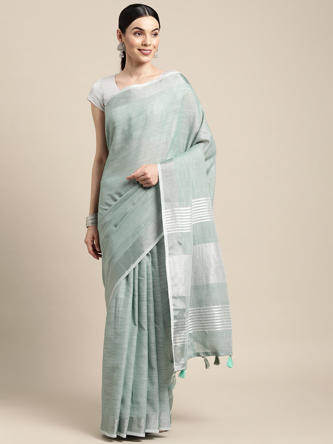 Shree Shyam Fashion Elegant Sea Green Woven Linen Saree with Contrast Zari Border & Tassels - Soft & Breathable Party Wear