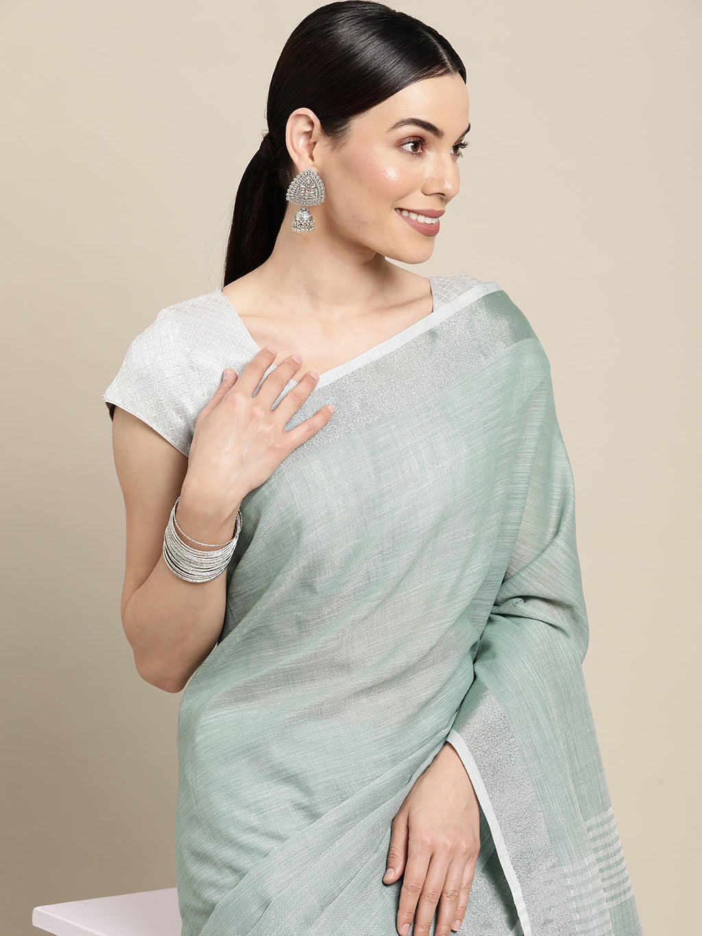 Shree Shyam Fashion Elegant Sea Green Woven Linen Saree with Contrast Zari Border & Tassels - Soft & Breathable Party Wear