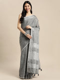 Shree Shyam Fashion Elegant Dark Grey Woven Linen Saree with Contrast Zari Border & Tassels - Soft & Breathable Party Wear