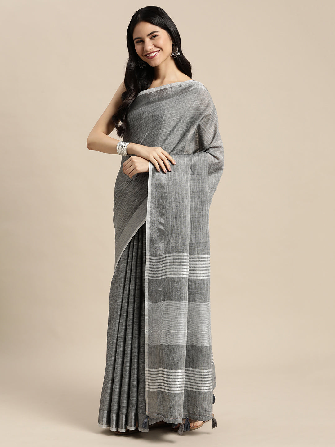 Shree Shyam Fashion Elegant Dark Grey Woven Linen Saree with Contrast Zari Border & Tassels - Soft & Breathable Party Wear