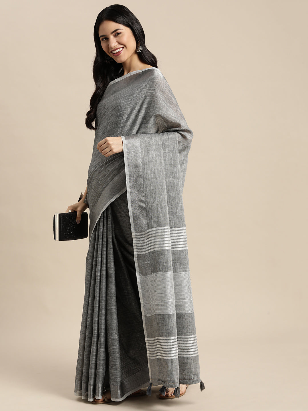 Shree Shyam Fashion Elegant Dark Grey Woven Linen Saree with Contrast Zari Border & Tassels - Soft & Breathable Party Wear