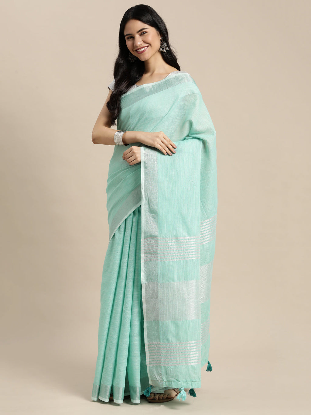 Shree Shyam Fashion Elegant Turquoise Woven Linen Saree with Contrast Zari Border & Tassels - Soft & Breathable Party Wear