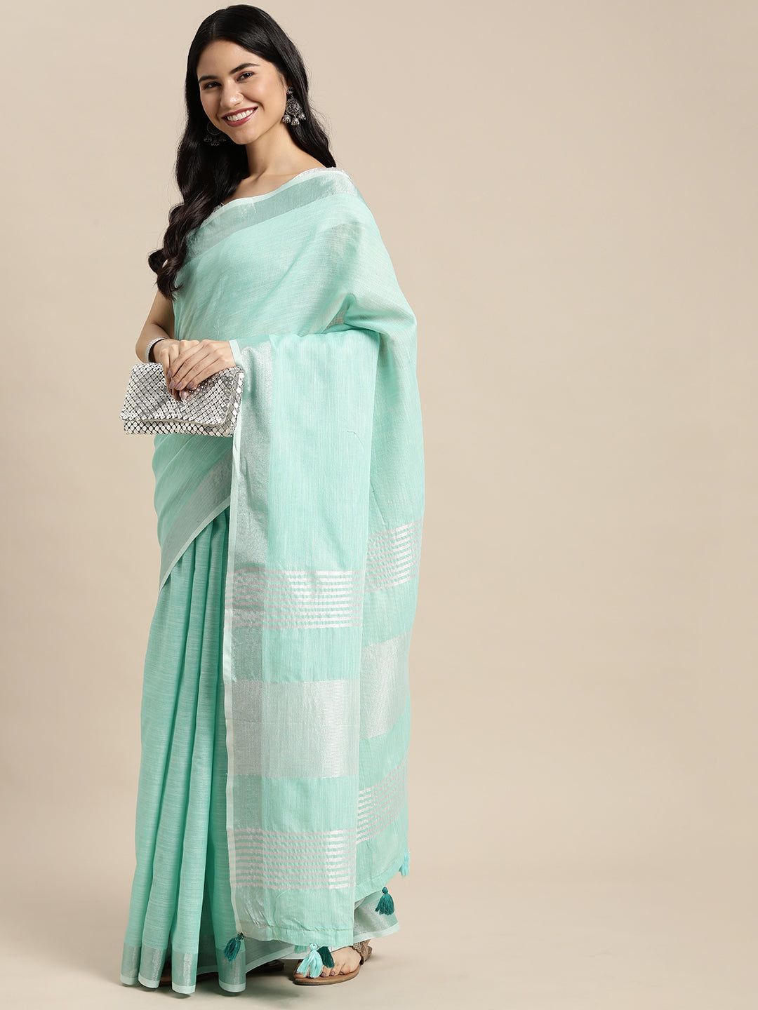 Shree Shyam Fashion Elegant Turquoise Woven Linen Saree with Contrast Zari Border & Tassels - Soft & Breathable Party Wear