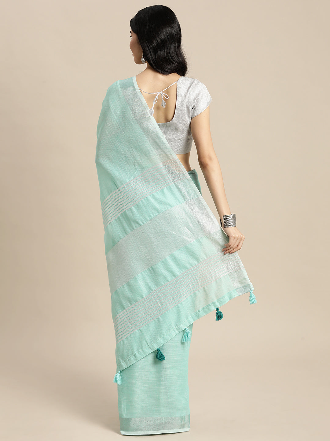 Shree Shyam Fashion Elegant Turquoise Woven Linen Saree with Contrast Zari Border & Tassels - Soft & Breathable Party Wear