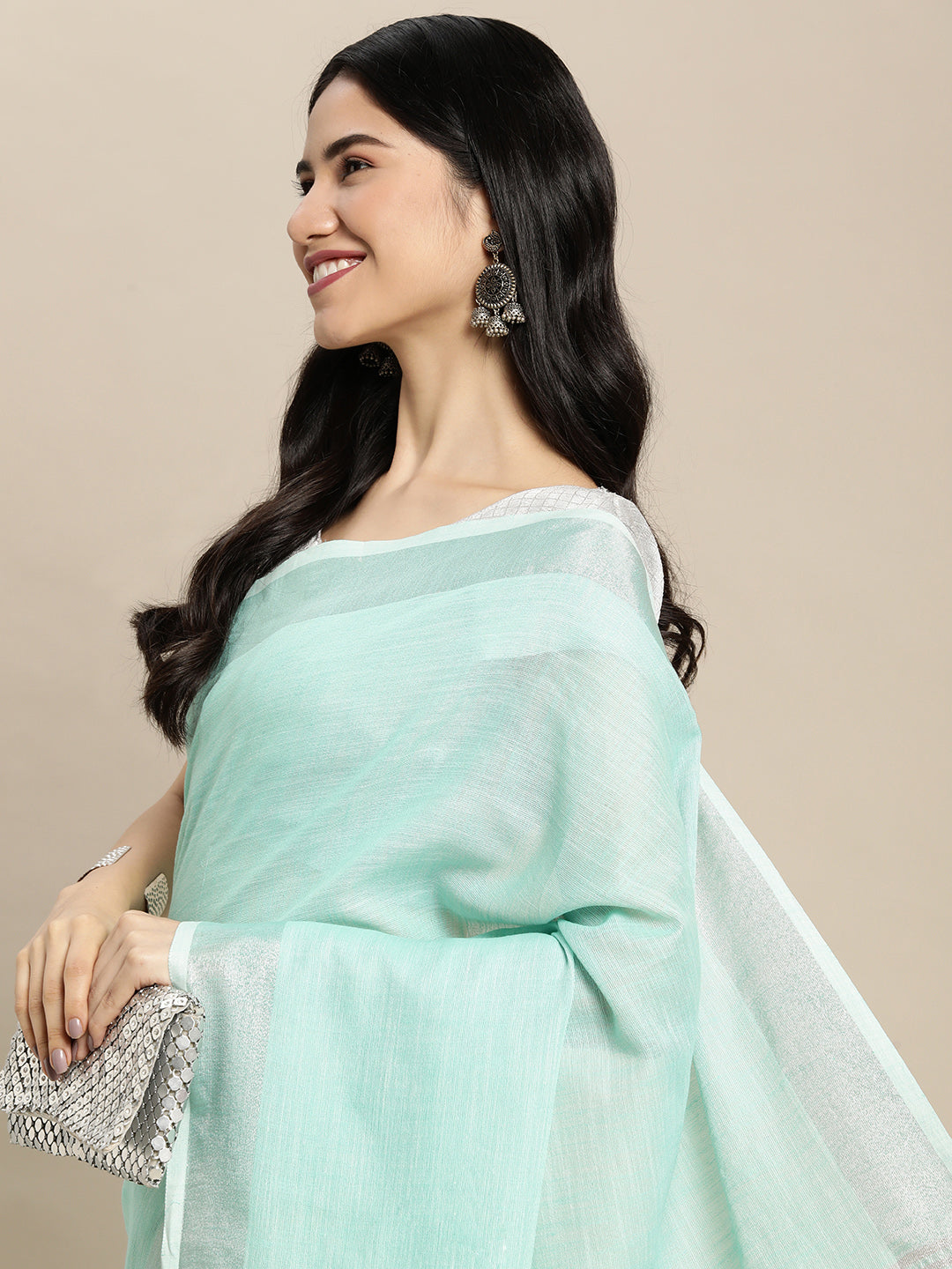 Shree Shyam Fashion Elegant Turquoise Woven Linen Saree with Contrast Zari Border & Tassels - Soft & Breathable Party Wear