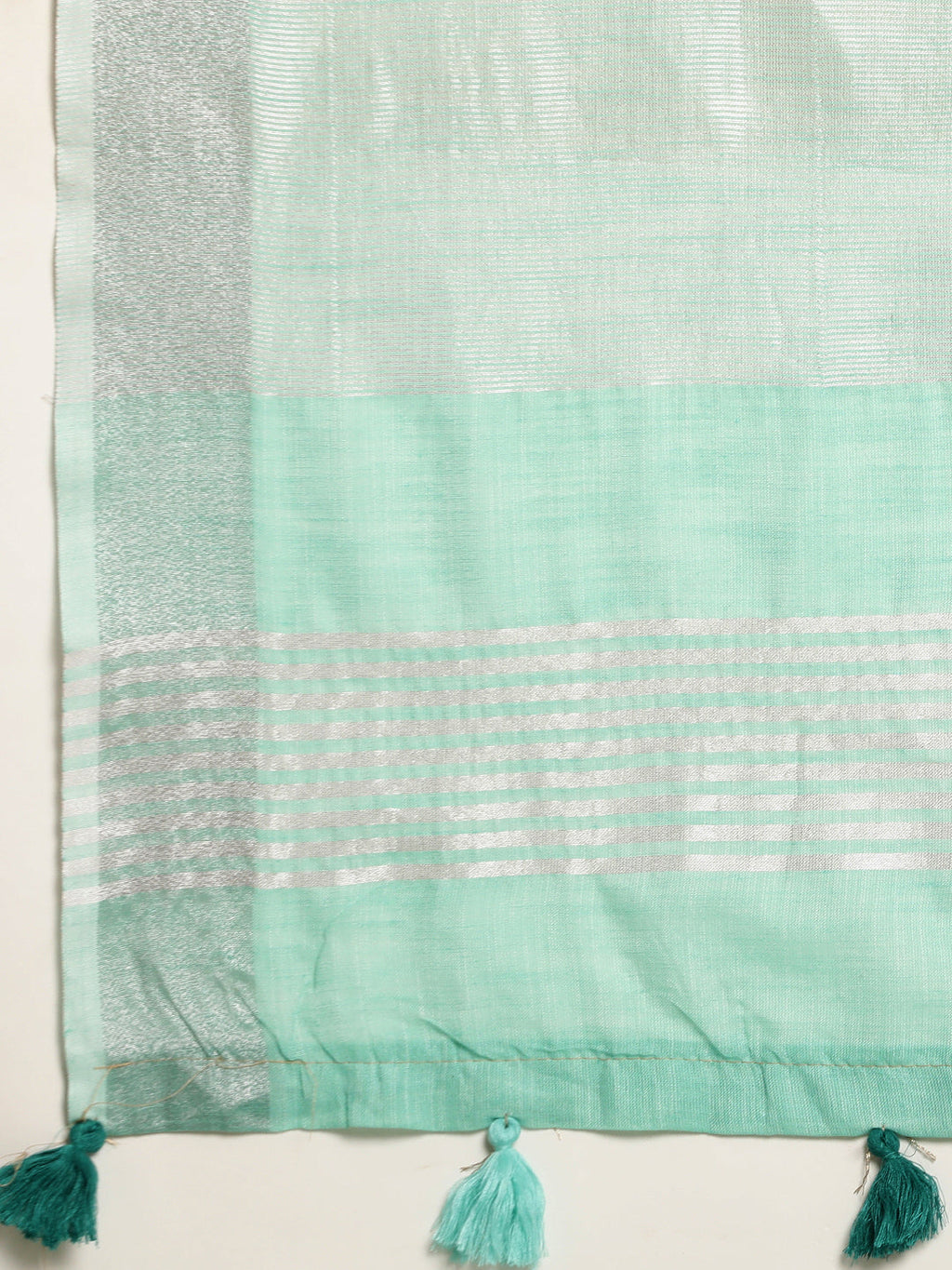 Shree Shyam Fashion Elegant Turquoise Woven Linen Saree with Contrast Zari Border & Tassels - Soft & Breathable Party Wear