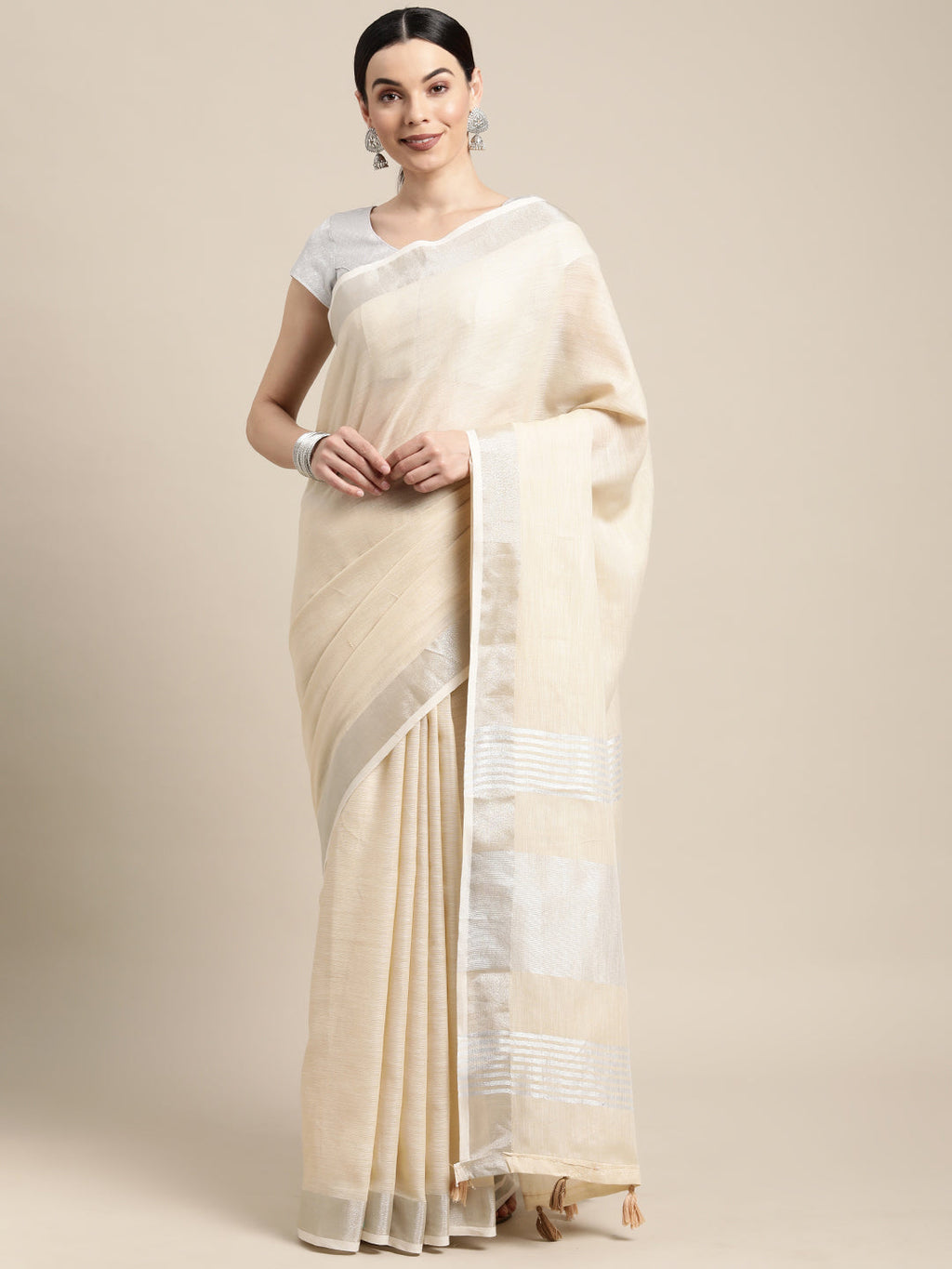 Shree Shyam Fashion Elegant Beige Woven Linen Saree with Contrast Zari Border & Tassels - Soft & Breathable Party Wear