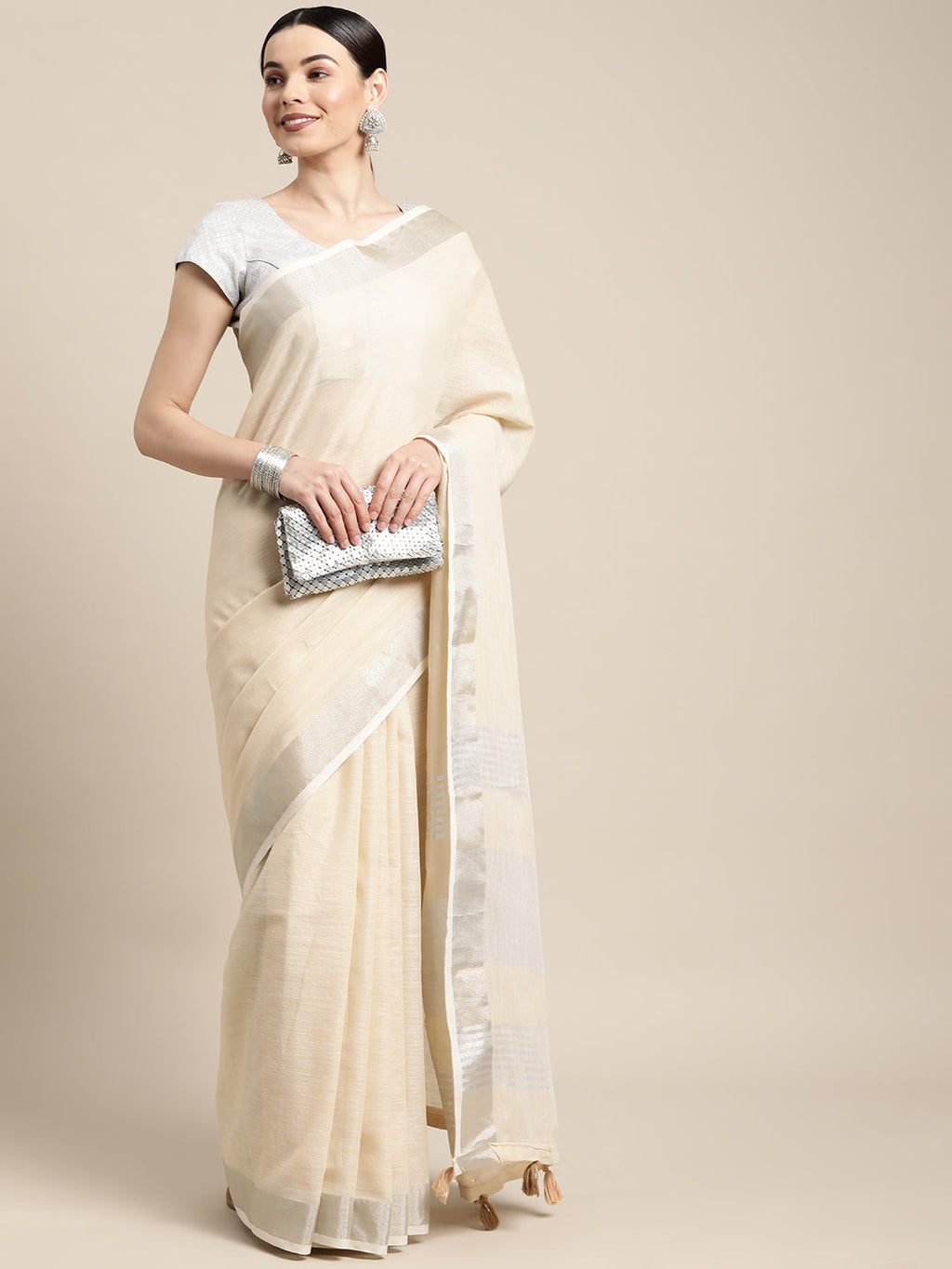 Shree Shyam Fashion Elegant Beige Woven Linen Saree with Contrast Zari Border & Tassels - Soft & Breathable Party Wear