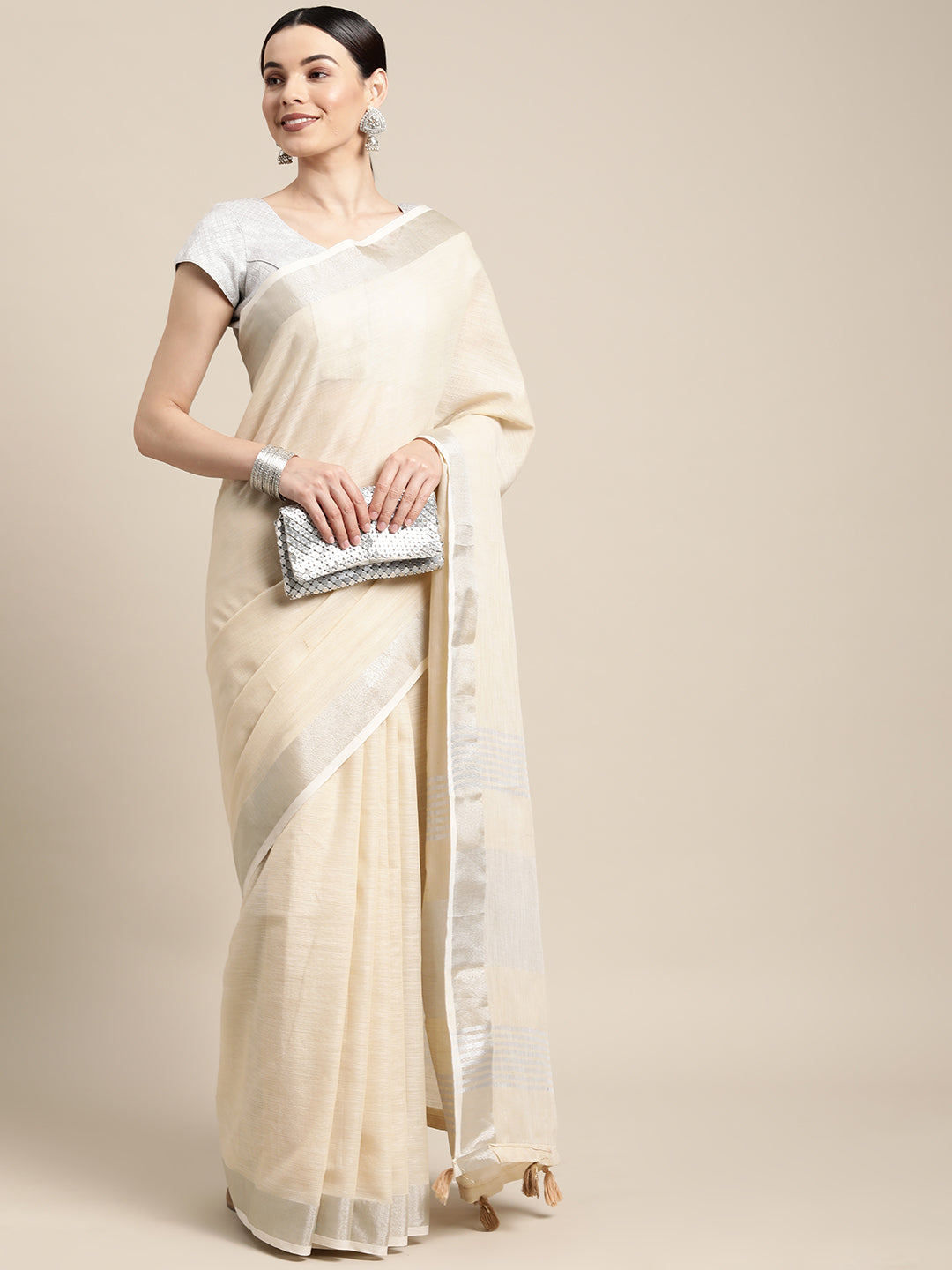 Shree Shyam Fashion Elegant Beige Woven Linen Saree with Contrast Zari Border & Tassels - Soft & Breathable Party Wear