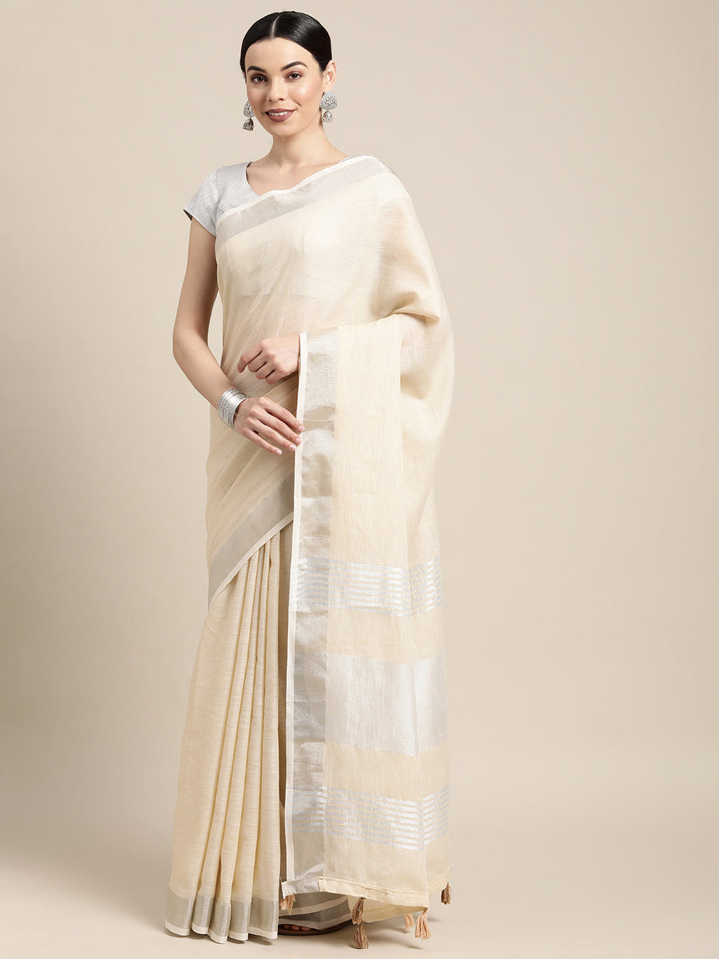 Shree Shyam Fashion Elegant Beige Woven Linen Saree with Contrast Zari Border & Tassels - Soft & Breathable Party Wear