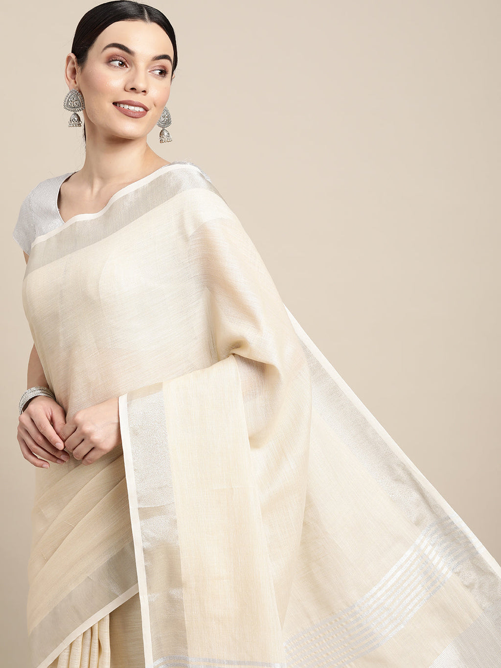 Shree Shyam Fashion Elegant Beige Woven Linen Saree with Contrast Zari Border & Tassels - Soft & Breathable Party Wear