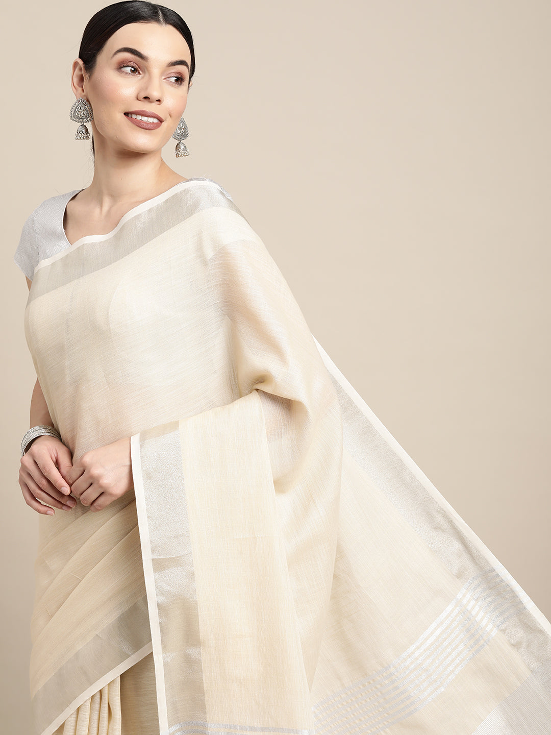 Shree Shyam Fashion Elegant Beige Woven Linen Saree with Contrast Zari Border & Tassels - Soft & Breathable Party Wear