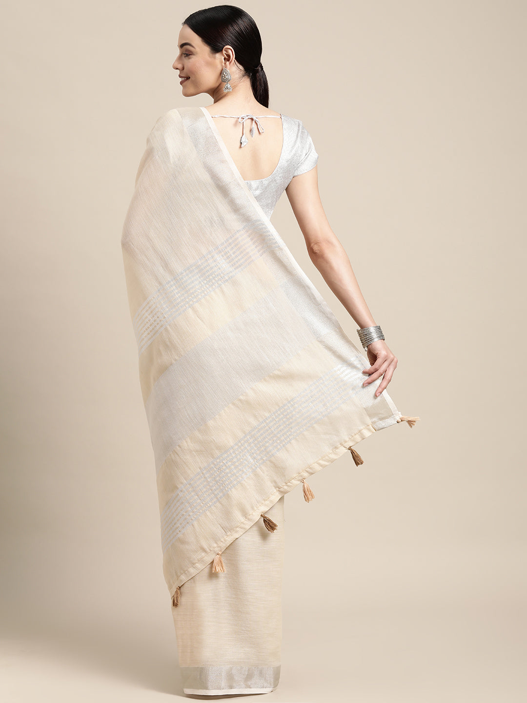 Shree Shyam Fashion Elegant Beige Woven Linen Saree with Contrast Zari Border & Tassels - Soft & Breathable Party Wear