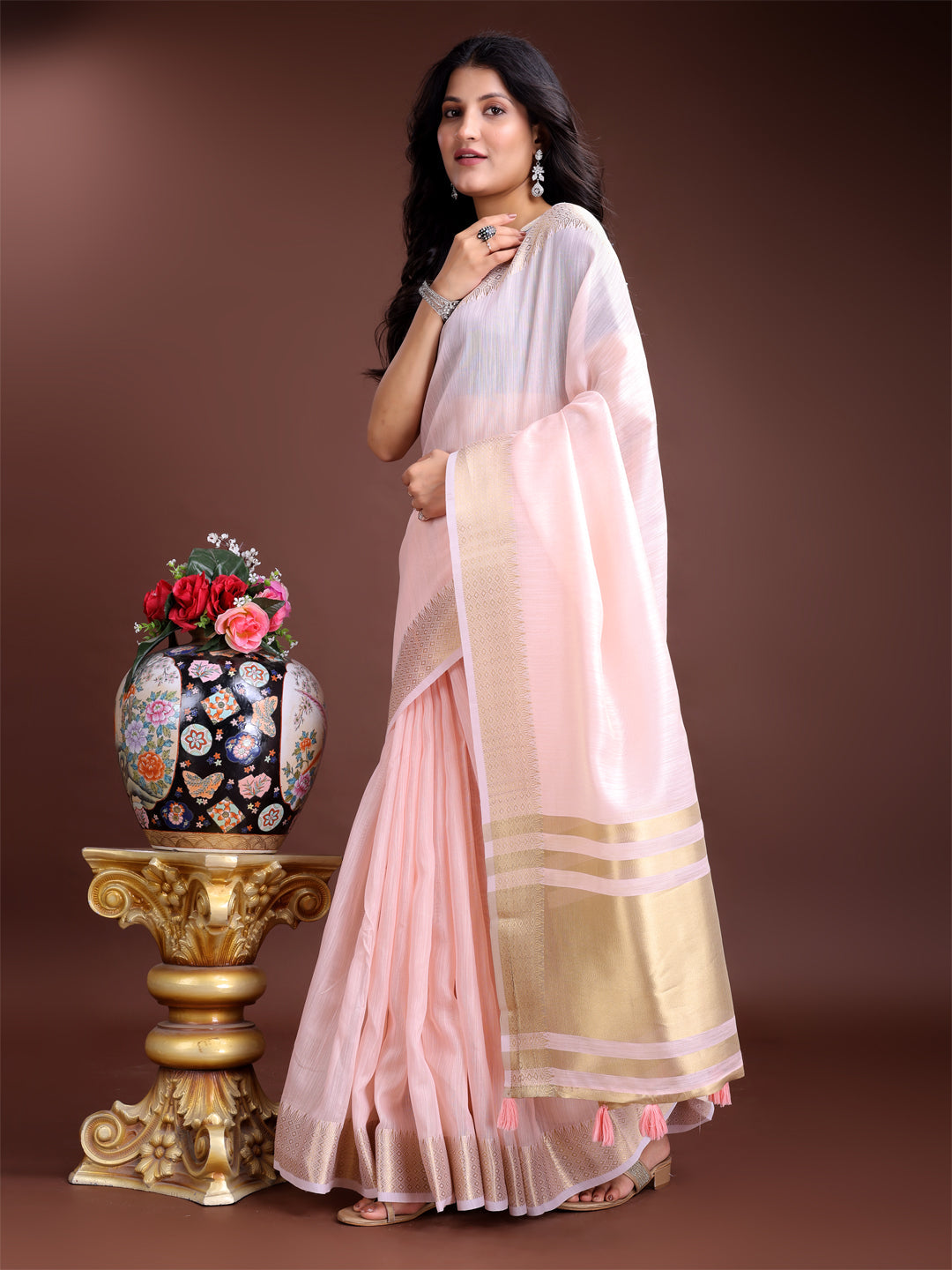 Shree Shyam Fashion Elegant Light Pink Woven Linen Saree with Contrast Zari Border & Tassels - Soft & Breathable Party Wear