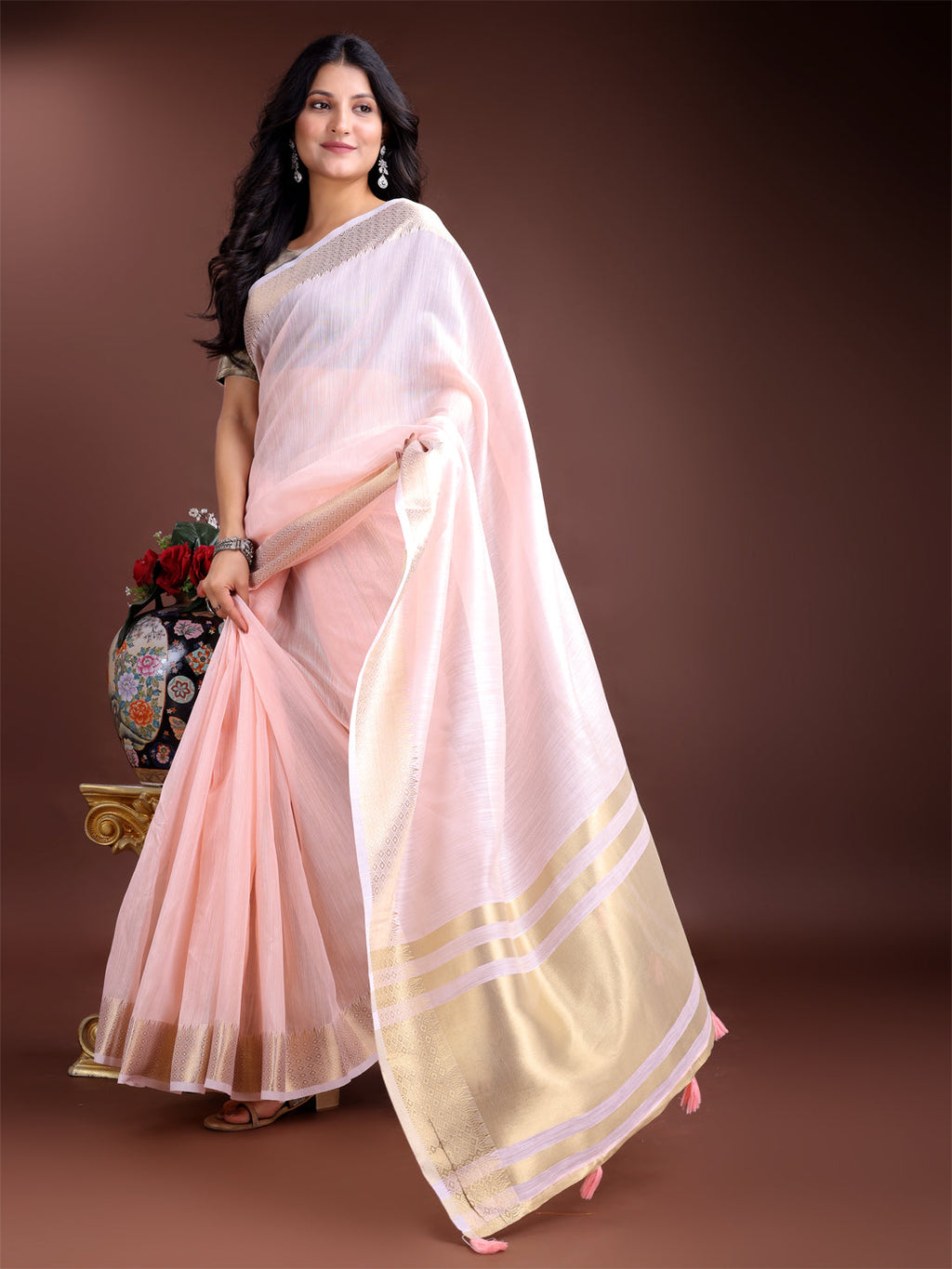 Shree Shyam Fashion Elegant Light Pink Woven Linen Saree with Contrast Zari Border & Tassels - Soft & Breathable Party Wear