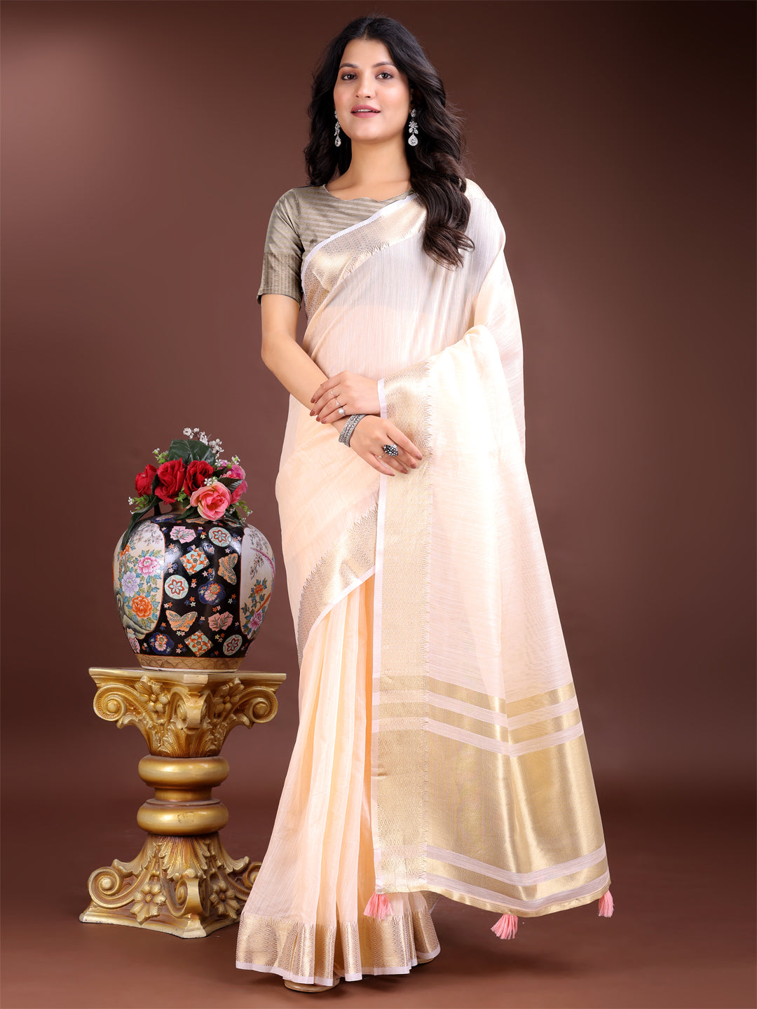 Shree Shyam Fashion Elegant Peach Woven Linen Saree with Contrast Zari Border & Tassels - Soft & Breathable Party Wear