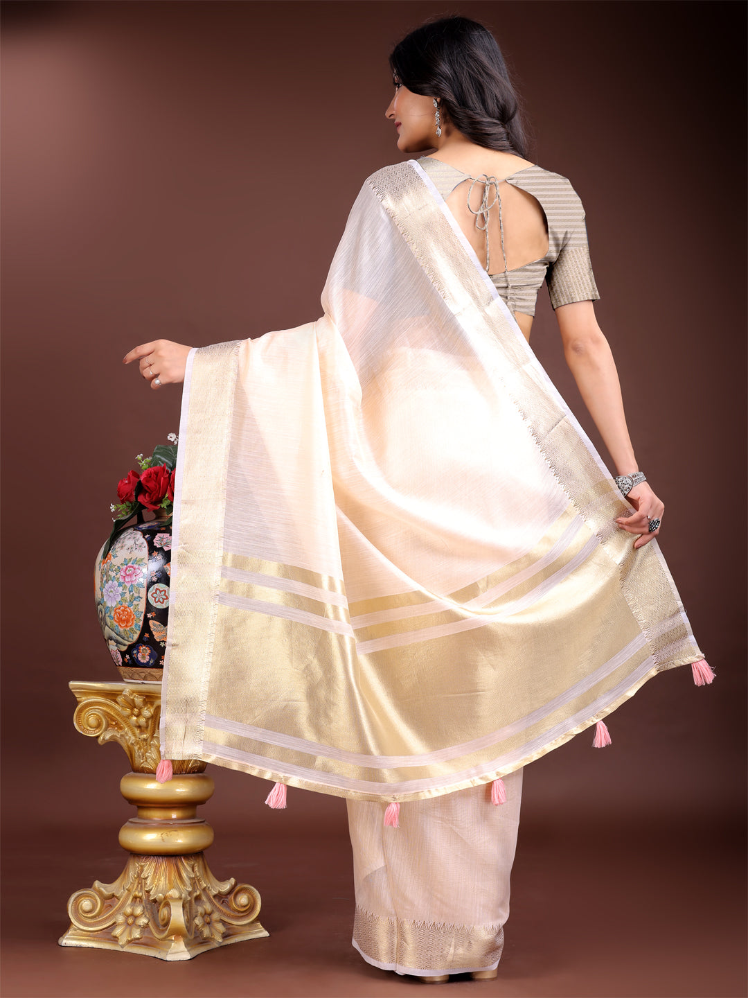 Shree Shyam Fashion Elegant Peach Woven Linen Saree with Contrast Zari Border & Tassels - Soft & Breathable Party Wear