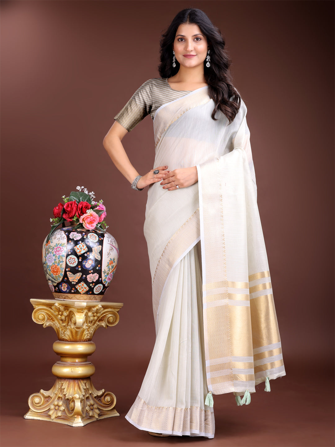 Shree Shyam Fashion Elegant Grey Woven Linen Saree with Contrast Zari Border & Tassels - Soft & Breathable Party Wear