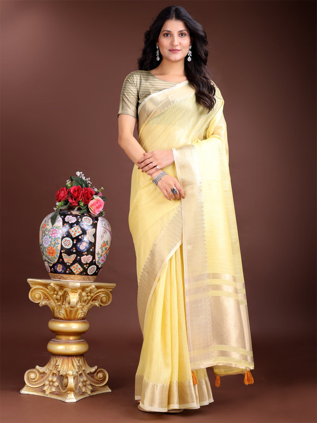 Shree Shyam Fashion Elegant Yellow Woven Linen Saree with Contrast Zari Border & Tassels - Soft & Breathable Party Wear