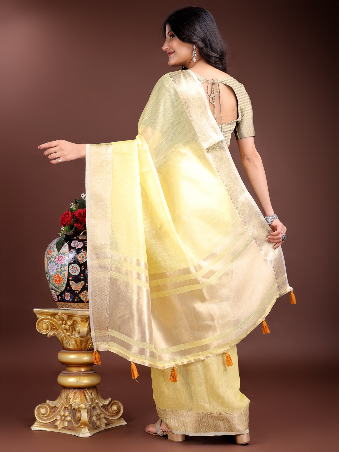 Shree Shyam Fashion Elegant Yellow Woven Linen Saree with Contrast Zari Border & Tassels - Soft & Breathable Party Wear