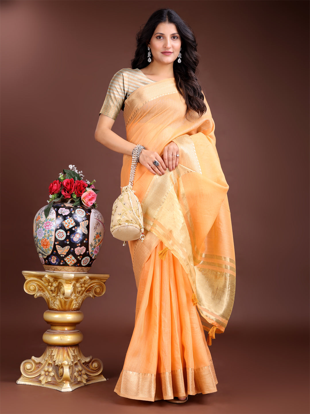 Shree Shyam Fashion Orange Gold Cotton Ready-to-Wear Saree - Simplicity Meets Effortless Grace