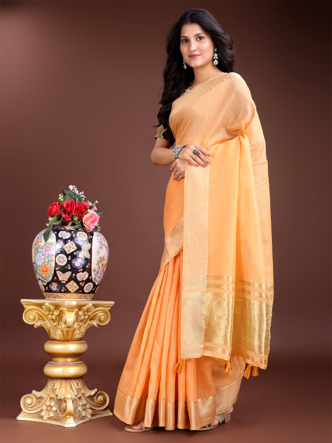 Shree Shyam Fashion Orange Gold Cotton Ready-to-Wear Saree - Simplicity Meets Effortless Grace
