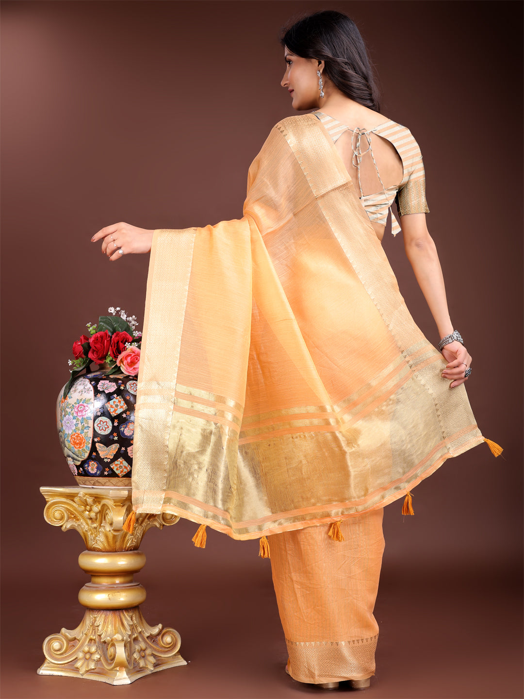 Shree Shyam Fashion Orange Gold Cotton Ready-to-Wear Saree - Simplicity Meets Effortless Grace
