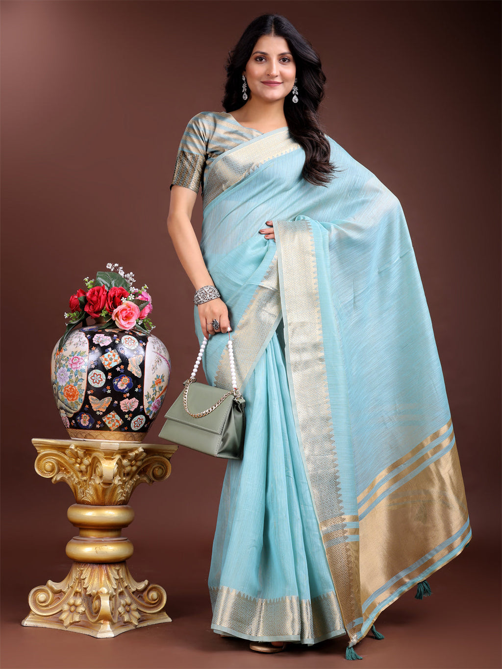Shree Shyam Fashion Sky Blue Gold Cotton Ready-to-Wear Saree - Simplicity Meets Effortless Grace